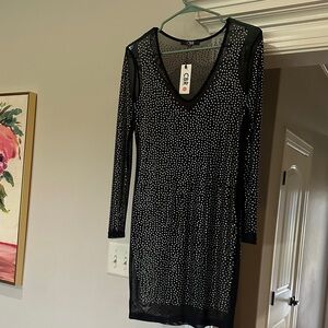 CBR Black Mesh Rhinestone Long Sleeve V-Neck Mini Dress
